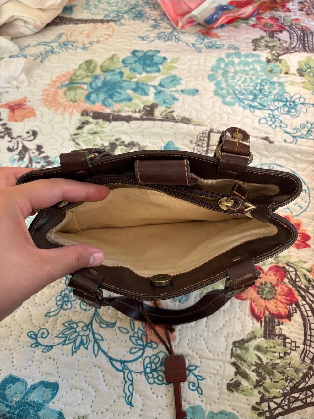 Fossil Brown Woven Tote with Dark Leather Trim